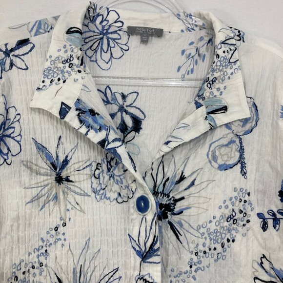 Habitat Large Blue White Floral Cotton Textured Long Sleeve Button Down Relaxed - Picture 3 of 11